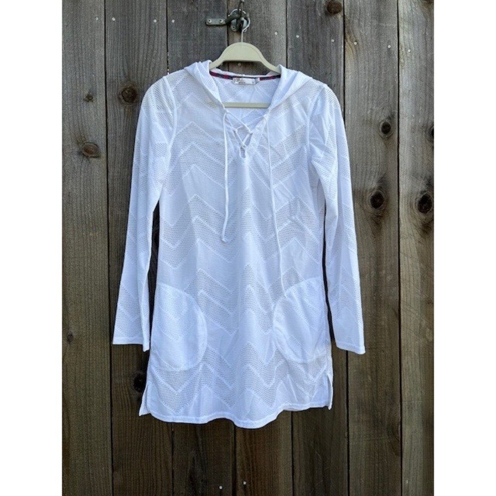 Prana Womens White‎ Chevron Pointelle Knit Hooded Lace Up Tunic Coverup S